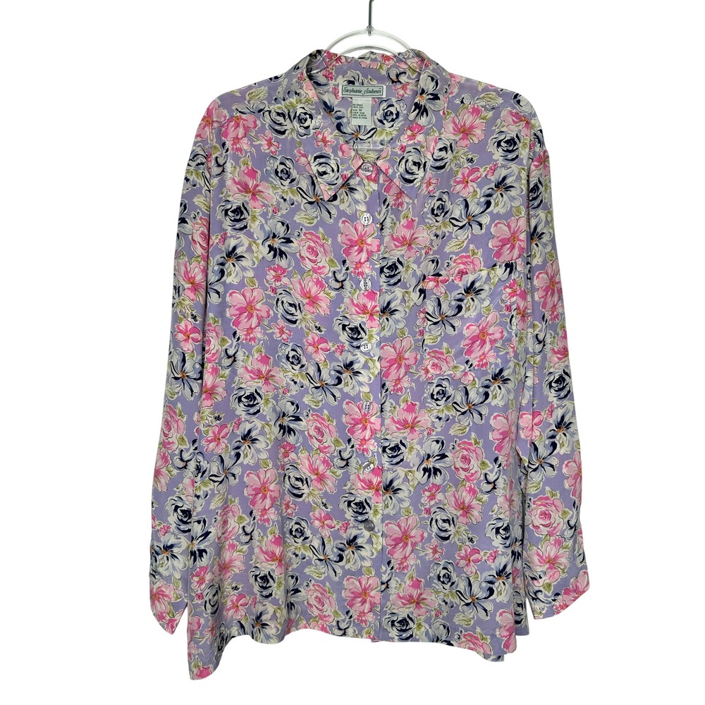 Vtg Stephanie Andrews Silk Floral Button up Top Size 1X Purple Pink Cottagecore